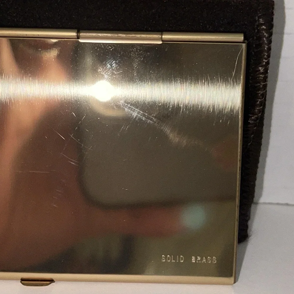 Vintage Luxury Polished Brass Card Case Mirror & Velvet Sleeve Executive Gift